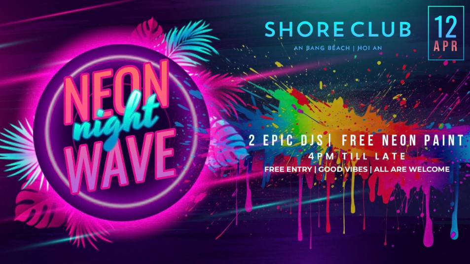 promotional banner for Neon Waves Luma Paint Party on An Bang Beach in Hoi An, Vietnam