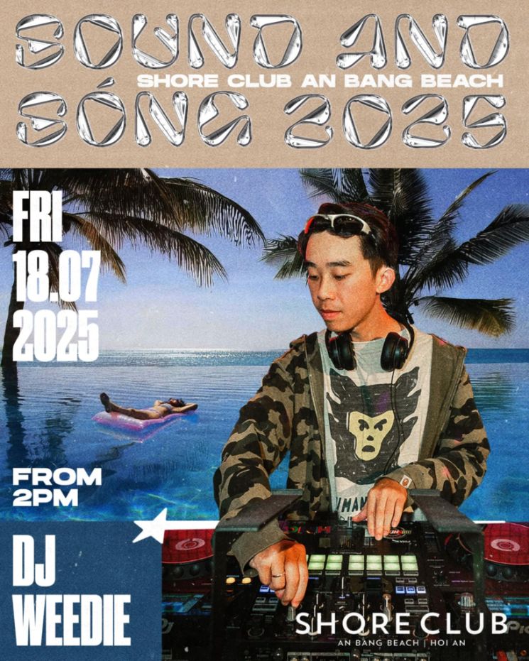 DJ Weedie performing poolside at Shore Club, An Bang Beach in Hoi An, Vietnam